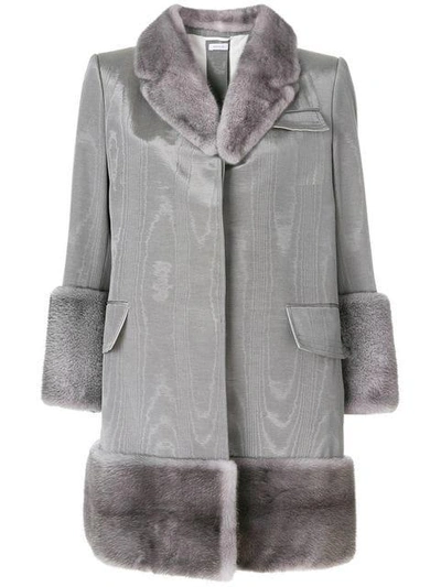 Thom Browne Moire Vent Back Chesterfield Overcoat With Mink Fur - Grey