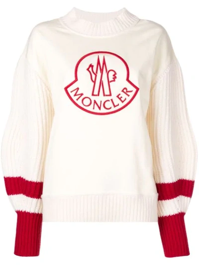 Moncler Cotton Pullover With Virgin Wool Sleeves In White