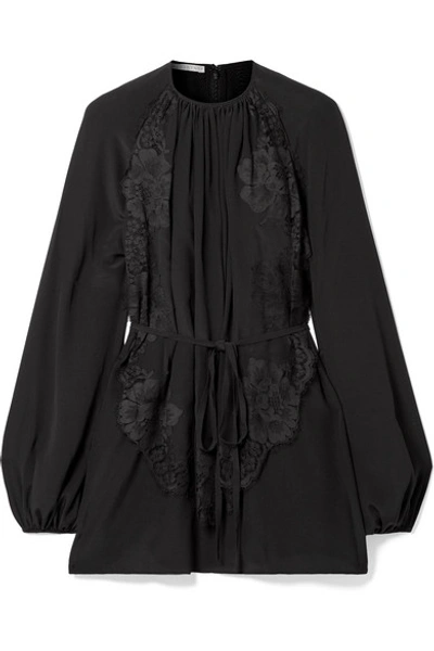 Stella Mccartney Belted Pleated Lace-appliquéd Silk Blouse In Black
