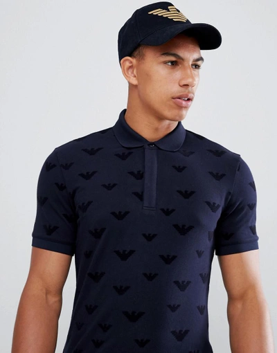 Emporio Armani Slim Fit Pique Polo Shirt With All Over Flocked Logo In Navy - Navy