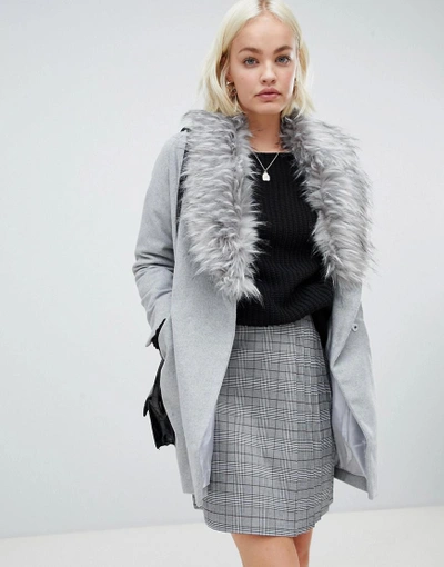 Girls On Film Boyfriend Coat With Faux Fur Detail - Gray