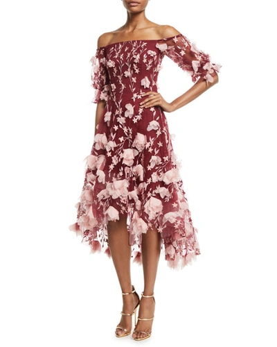 Marchesa Notte Off-the-shoulder 3d-floral High-low Cocktail Dress In Wine