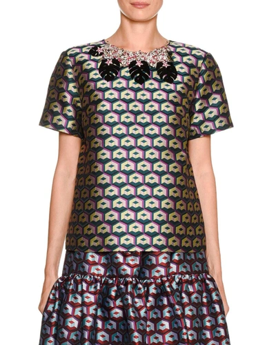 Double J Jazzy Jewel-neck Short-sleeve Geo-embroidered Tee In Multi Pattern