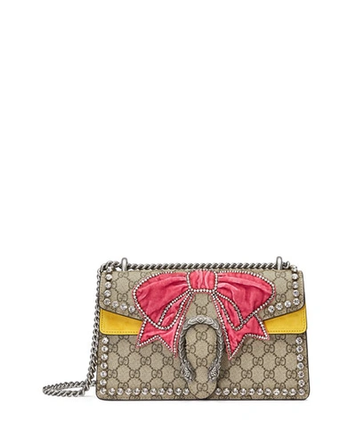 Gucci Dionysus Small Gg Supreme Shoulder Bag With Bow & Crystals In Beige
