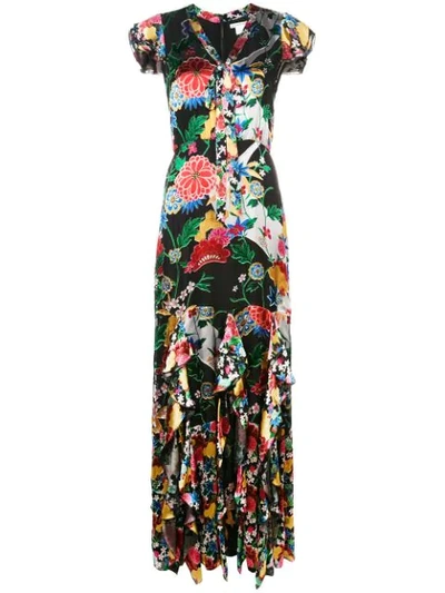 Alice And Olivia Laurette Ruffled Floral-print Satin Maxi Dress In Black