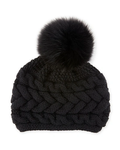 Inverni Cashmere Cable-knit Beanie W/ Fur Pompom In Black