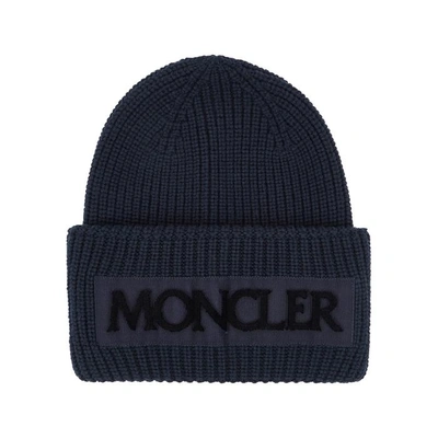 Moncler Navy Logo-appliquéd Wool Beanie In Blue