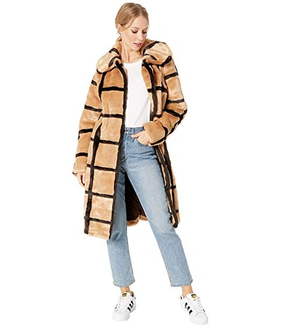 Avec Les Filles Windowpane Faux Fur Coat In Tan/espresso