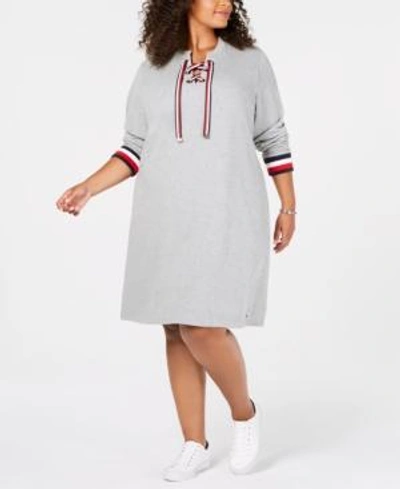 Tommy Hilfiger Plus Size Striped-trim Sweatshirt Dress, Created For Macy's In Heather Stone Grey Combo