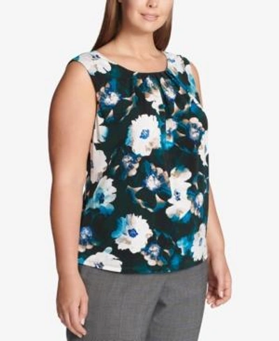 Calvin Klein Plus Size Sleeveless Floral Pleated Top In Malachite Multi