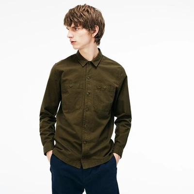 Lacoste Men's Regular Fit Lightweight Cotton Flannel Shirt In Khaki Green
