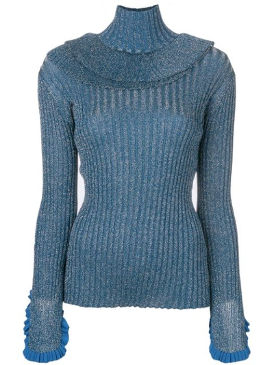Chloé Ruffled Metallic Ribbed-knit Silk-blend Turtleneck Sweater In Blue