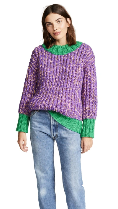 Novis Tucker Hand Knit Boyfriend Sweater In Leaf Green/purple