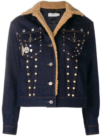 Coach Embellished Denim Jacket With Shearling In Blue - Size 02