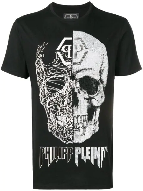 Philipp Plein Black Cut Black T-shirt With Skull And Crystals | ModeSens