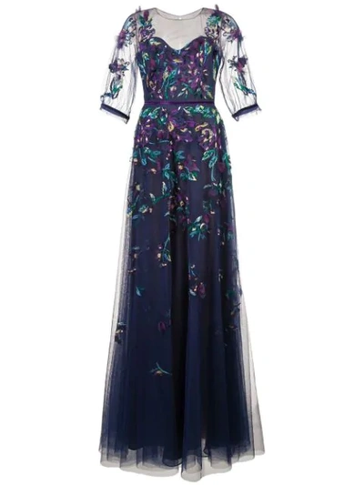Marchesa Notte Embroidered Tulle Ball Gown  In Blue ,multicolour