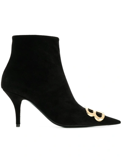 Balenciaga Knife Logo-embellished Velvet Ankle Boots In Black