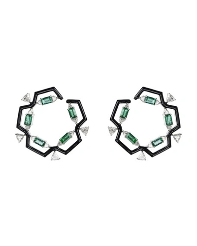 Nikos Koulis Oui 18k White Gold & Black Enamel Hoop Earrings With Emeralds & Diamond