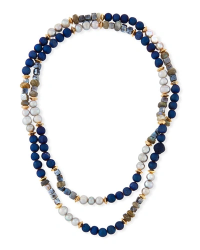 Akola Long Thin Mixed Stone & Pearl Strand Necklace In Blue