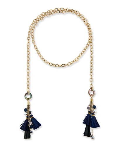 Akola Chain & Raffia Tassel Lariat Necklace In Blue