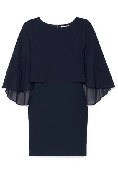 Halston Heritage Embroidered Cape-effect Crepe Dress In Navy