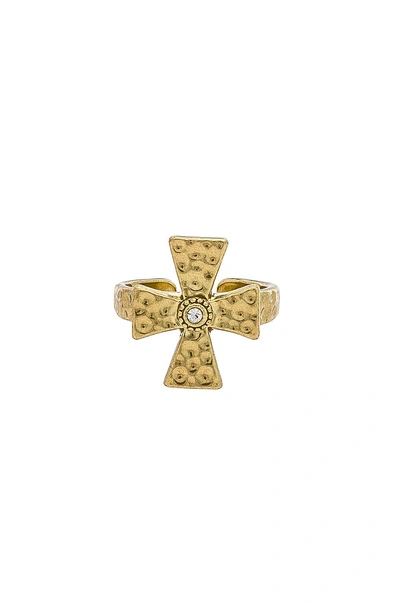 Luv Aj The Hammered Cross Signet Ring In Metallic Gold