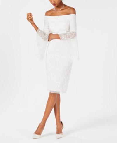 Adrianna Papell Off The Shoulder Beaded Cocktail Dress In White