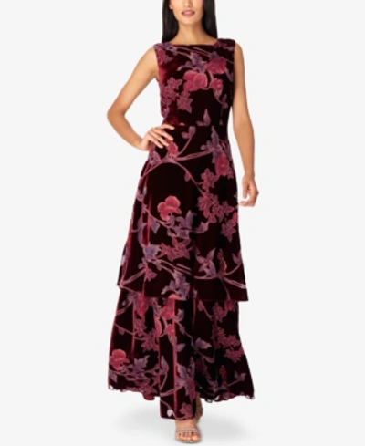 Tahari Asl Layered Floral-print Velvet Gown In Bordeaux/plum
