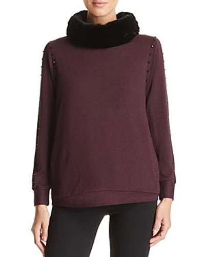 Capote Faux-fur Turtleneck Studded Sweater In Burgundy