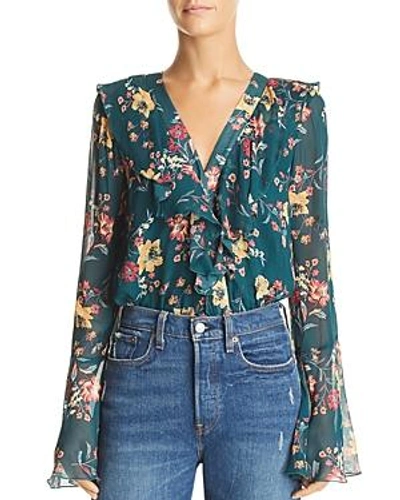 Band Of Gypsies Audrey Floral Ruffle Bodysuit In Emerald/ Gold