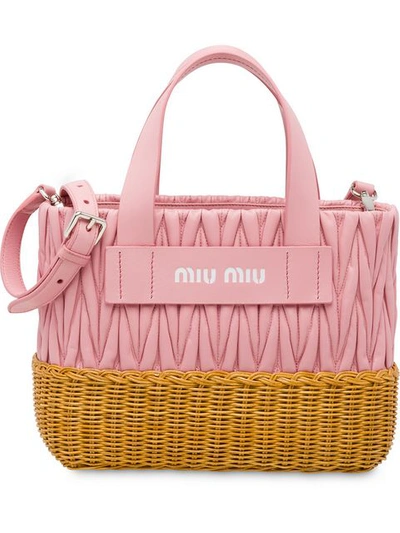 Miu Miu Matelassé And Wicker Tote Bag In Pink
