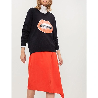 Markus Lupfer Sequinned Lips Motif Merino Wool Jumper In Navy Orange