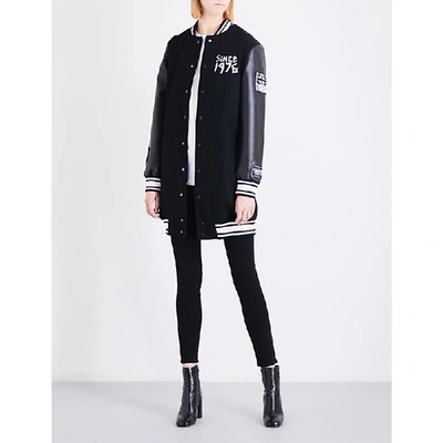 Boy London Ladies Black Tape-print Wool-blend Varsity Jacket In Nero