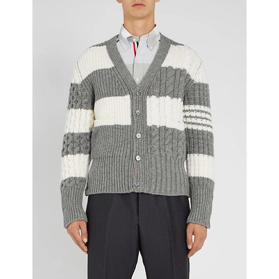 Thom Browne Striped Wool Cardigan In Light Grey
