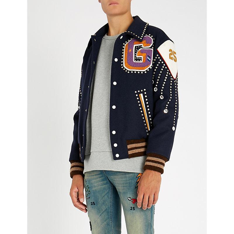 Gucci AppliquÉd Wool Varsity Jacket In Navy ModeSens