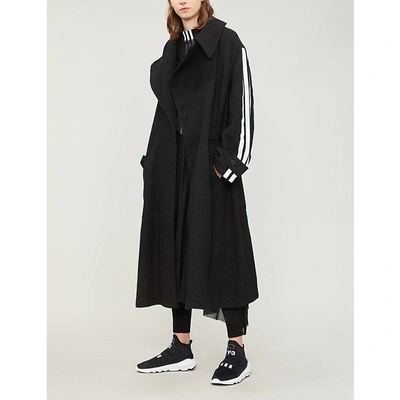 Y-3 Side-stripe Wool Coat In Black