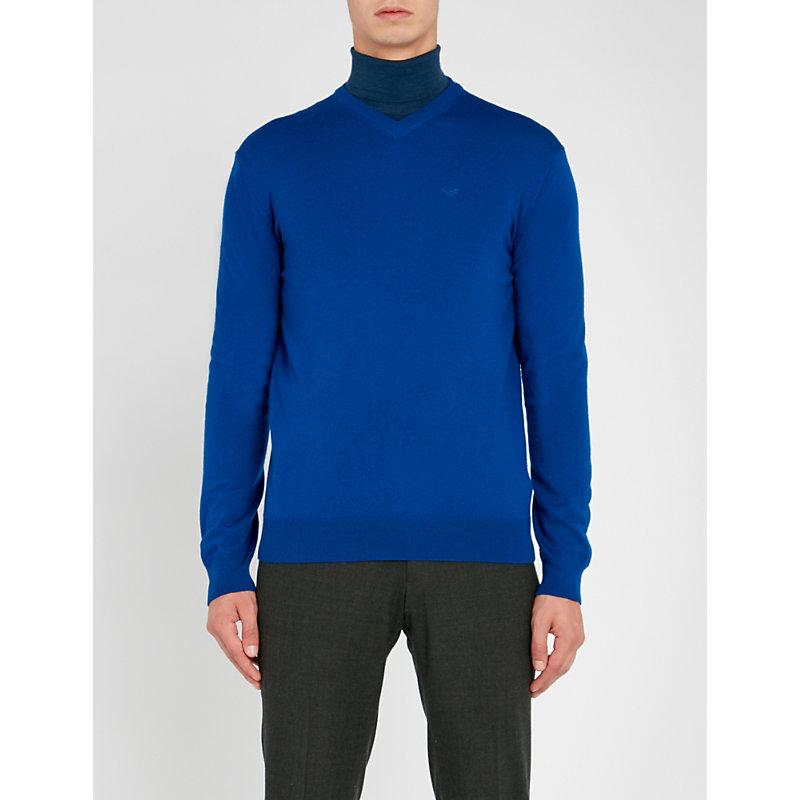 Emporio Armani V-neck Wool Jumper In Royal Blue | ModeSens