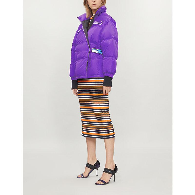 Prada Womens Purple Stripe Logo-patch Nylon-down Puffer Jacket In Ametista  | ModeSens