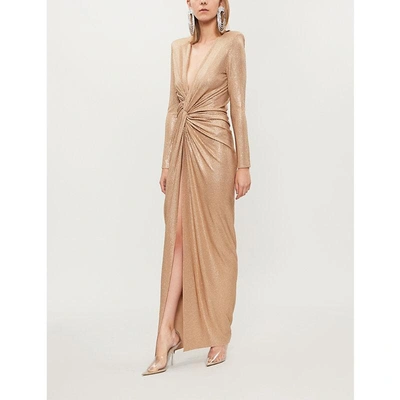 Alexandre Vauthier Shoulder-padded Lamé Gown In Fawn