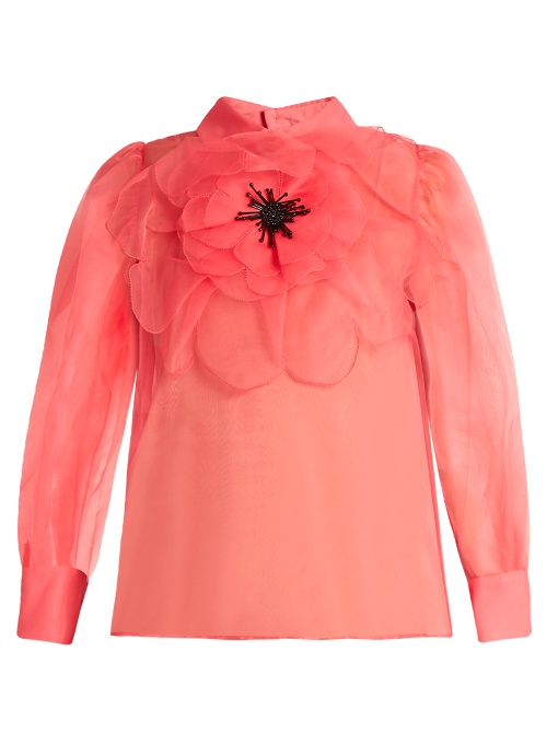 Gucci Embellished Poppy-rosette Silk-organza Blouse In Pink | ModeSens