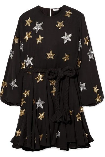 Rhode Ella Belted Embellished Chiffon Mini Dress In Black