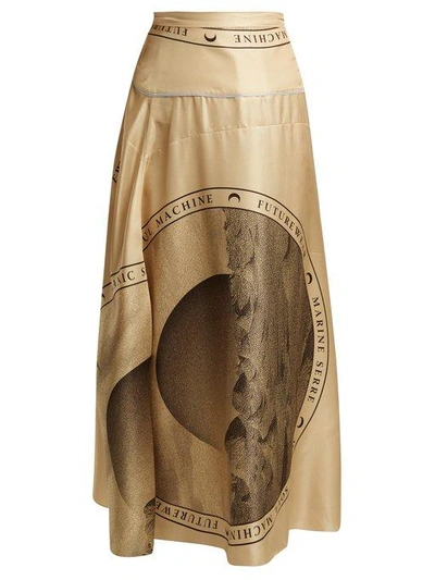 Marine Serre - Moon Print Silk Midi Skirt - Womens - Brown Multi In Moon Scarve