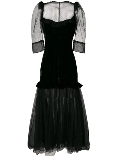 Parlor Sheer-panel Flared Midi Dress - Black