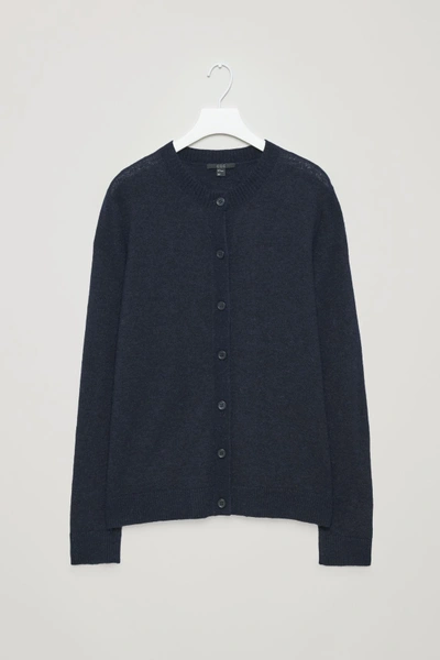 Cos Round-neck Cardigan With Back Pleat In Blue