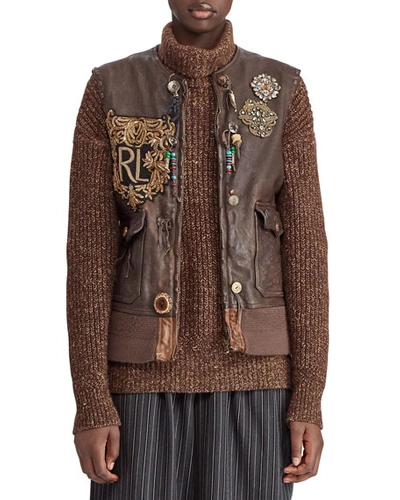 Ralph Lauren 50th Anniversary Hamlin Leather Vest W/ Patches, Beads, And Fringe In Brown