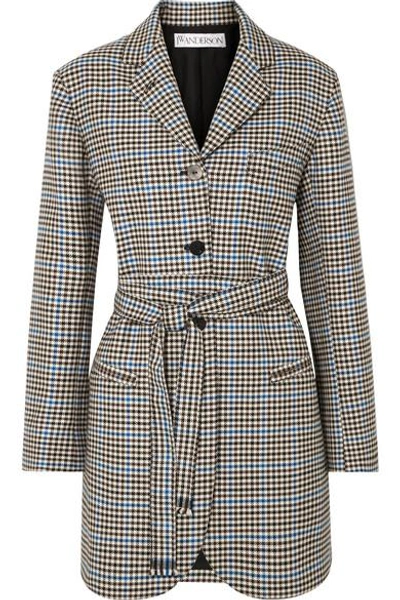 Jw Anderson Belted Houndstooth Wool And Cotton-blend Blazer In Brown