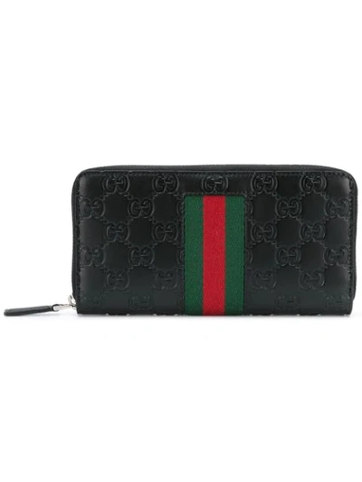 Gucci Siignature Web Zip Around Wallet In Black