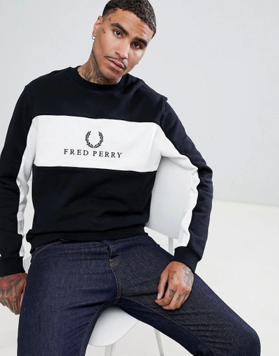 Fred Perry Sports Authentic 90s Logo Panel Piped Sweat In Black Black ModeSens