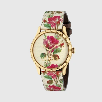 Gucci G-timeless Floral-print Leather And Gold-tone Watch In Yellow