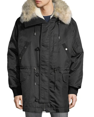 Yves Salomon Men's Anorak Coat With Fur & Corduroy Trim In Black/white